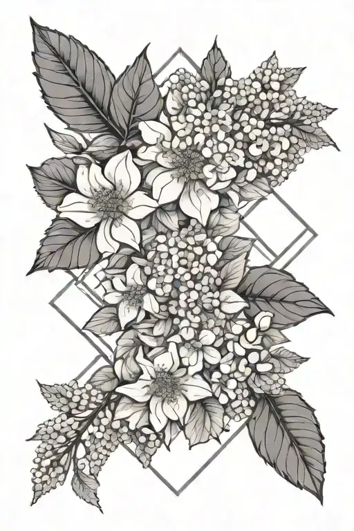 wattle flower and hydrangeas blooming tattoo design idea