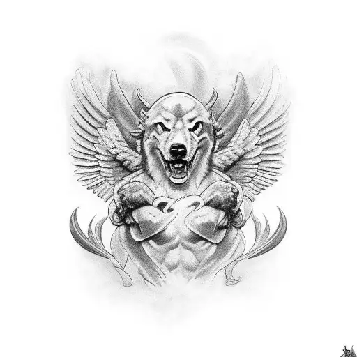 full chest piece with Cerberus covering the whole chest and archangel Gabriel below it tattoo design idea