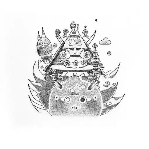 A dotwork tattoo featuring the iconic Studio Ghibli characters surrounded by elements from the anime world tattoo design idea