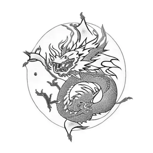 A black-grey tattoo of a serene scene from Studio Ghibli movies, with Haku dragon as the focal point tattoo design idea