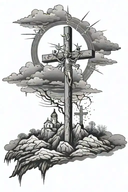 3 crosses on a hill dark sky with Jesus hanging on the middle cross and the sun shining  tattoo design idea