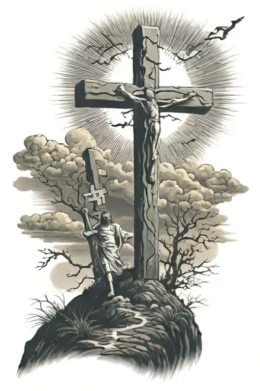 3 crosses on a hill dark sky with Jesus hanging on the middle cross and the sun shining  tattoo design idea