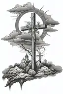 3 crosses on a hill dark sky with Jesus hanging on the middle cross and the sun shining  tattoo design idea