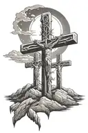 3 crosses on a hill dark sky with Jesus hanging on the middle cross and the sun shining  tattoo design idea