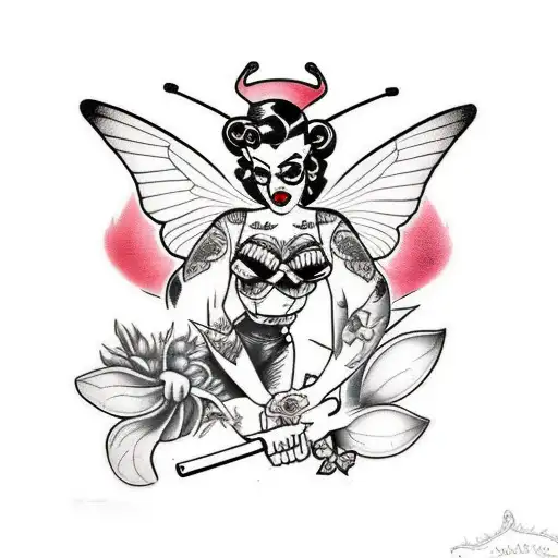 pinup evil butterfly with guns tattoo design idea