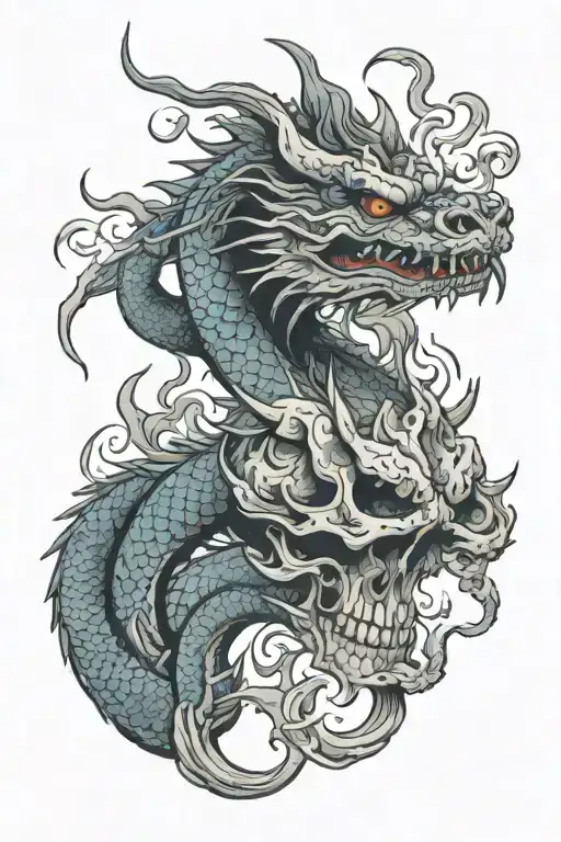 japanese dragon holding a human skull. with smoke around. tattoo design idea
