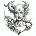 bald woman devil horns tattoo design idea