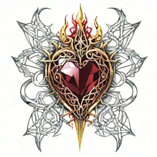 Crystal Deep Red Heart, The word "RUBY' in gold underneath, intricate silver thorns twisting around tattoo design idea