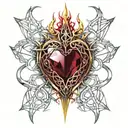 Crystal Deep Red Heart, The word "RUBY' in gold underneath, intricate silver thorns twisting around tattoo design idea