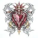 Crystal Deep Red Heart, The word "RUBY' in gold underneath, intricate silver thorns twisting around tattoo design idea