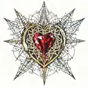 Crystal Deep Red Heart, The word "RUBY' in gold underneath, intricate silver thorns twisting around tattoo design idea