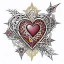 Crystal Deep Red Heart, The word "RUBY' in gold underneath, intricate silver thorns twisting around tattoo design idea