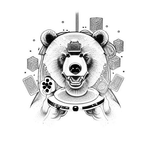 A dotwork tattoo of a bear playing a video game with a controller in its paws tattoo design idea