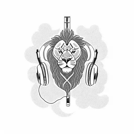 A blackwork tattoo featuring a lion wearing headphones, surrounded by musical notes tattoo design idea