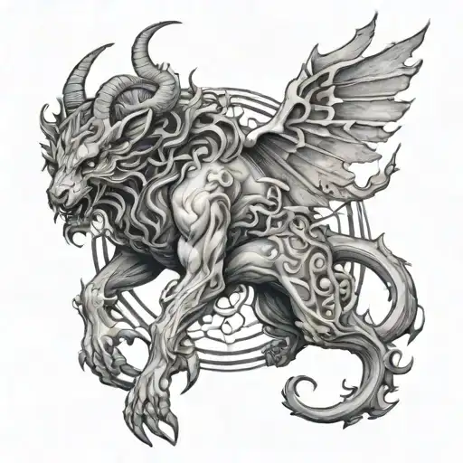 A mystical creature blending elements of demons and peace, symbolizing inner strength tattoo design idea