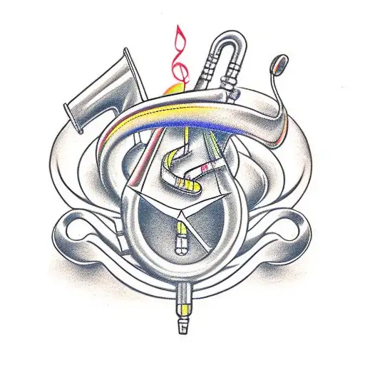 A sleek car with music notes flowing out of the exhaust pipes tattoo design idea