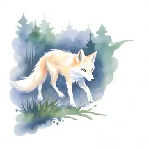 kitsune running through a forest tattoo design idea