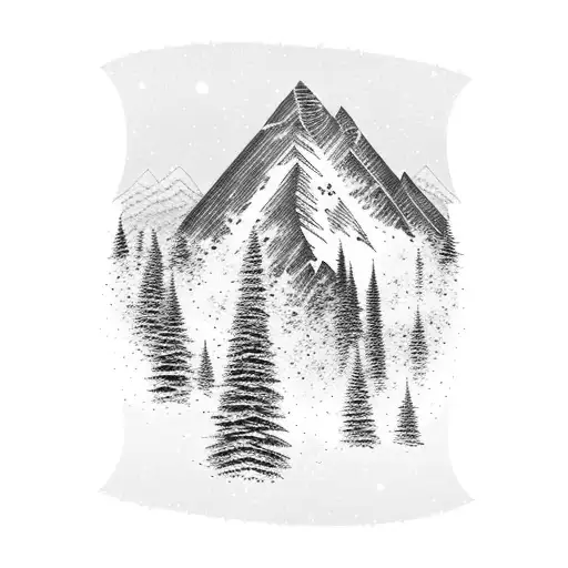 A majestic snow-covered mountain peak surrounded by tall trees against a starry night sky tattoo design idea