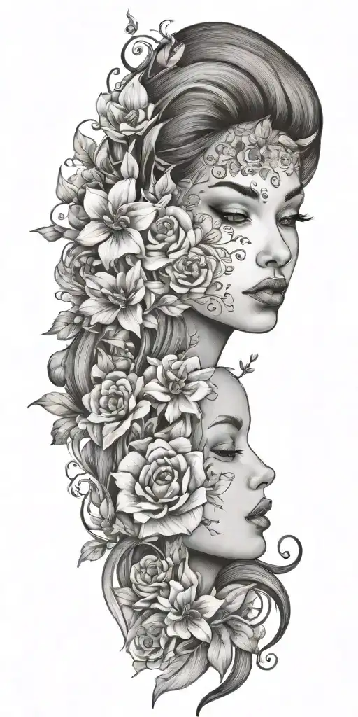 one women face, flowers tattoo design idea