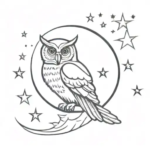 An owl sitting inside crescent moon surrounded by stars tattoo design idea