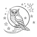 An owl sitting inside crescent moon surrounded by stars tattoo design idea