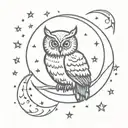 An owl sitting inside crescent moon surrounded by stars tattoo design idea