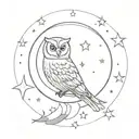 An owl sitting inside crescent moon surrounded by stars tattoo design idea