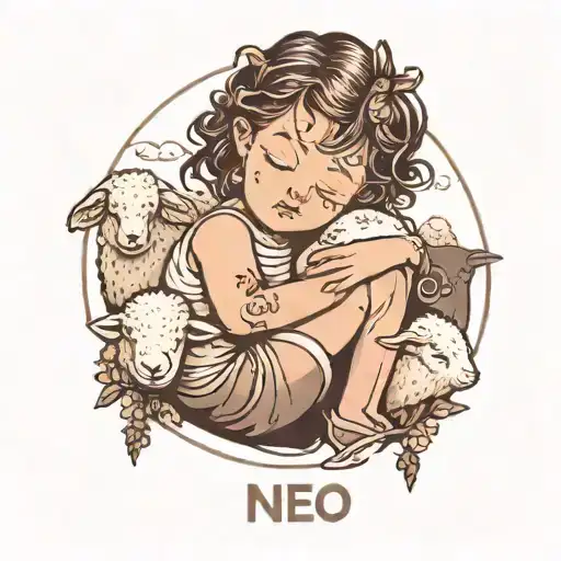 A minimalistic black-and-white tattoo of a little girl sleeping between sheep on your forearm will have clean, simple li tattoo design idea