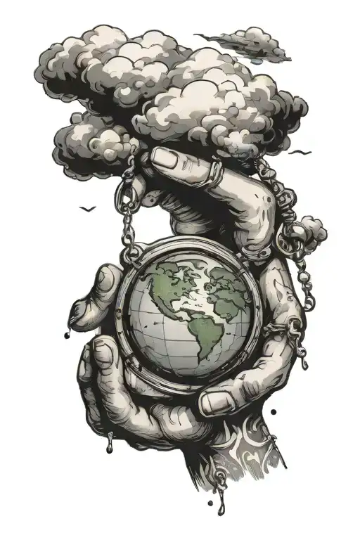 baby picture with clouds around it with hands holding the earth with a keychain dropping from the hands sayng "the world tattoo design idea