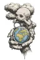 baby picture with clouds around it with hands holding the earth with a keychain dropping from the hands sayng "the world tattoo design idea