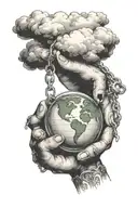 baby picture with clouds around it with hands holding the earth with a keychain dropping from the hands sayng "the world tattoo design idea