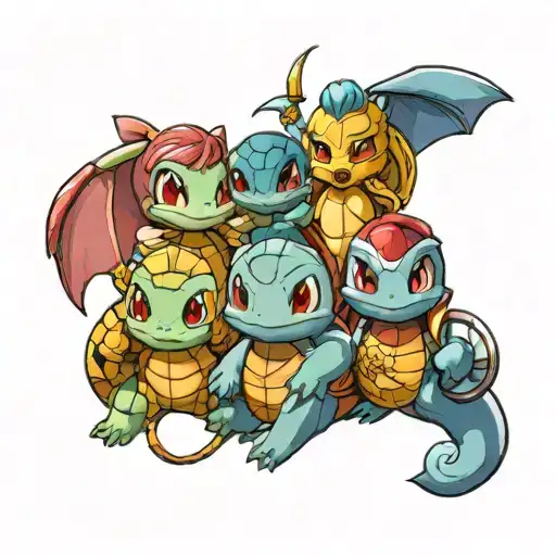 squirtle, majin vegeta, and sailor moon anime manga tattoo design idea