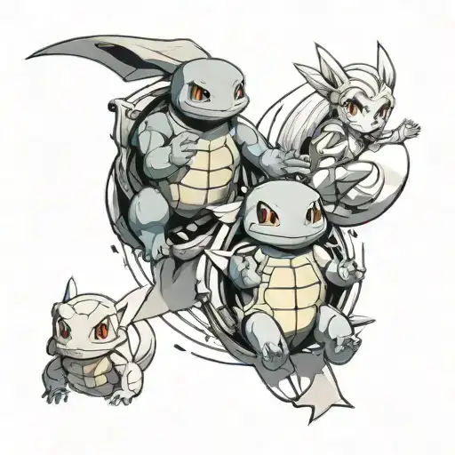 squirtle, majin vegeta, and sailor moon anime manga tattoo design idea