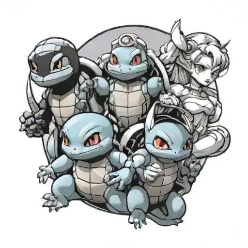 squirtle, majin vegeta, and sailor moon manga panel tattoo design idea