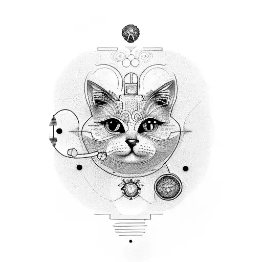 A dotwork tattoo of a cute cat surrounded by a circuit board pattern, symbolizing the fusion of technology and companion tattoo design idea