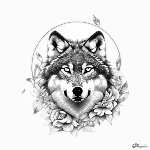 wolf portrait with floral accents tattoo design idea