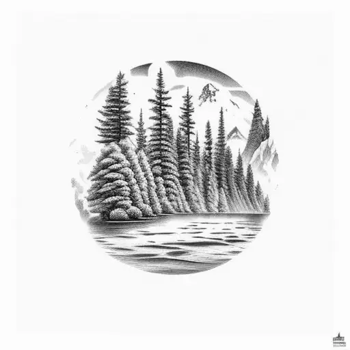 outdoor scene starting with a lake with pine trees around it, mountains with space above with black hole tattoo design idea