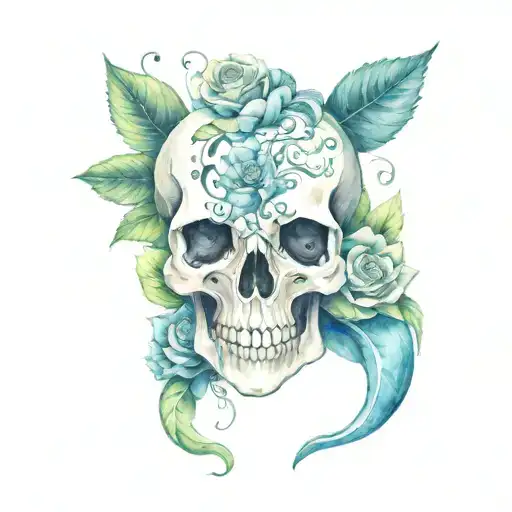serpent skull with flowers growing tattoo design idea