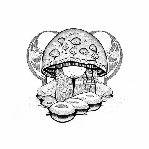 crystals with mushroom and moon crescent  tattoo design idea