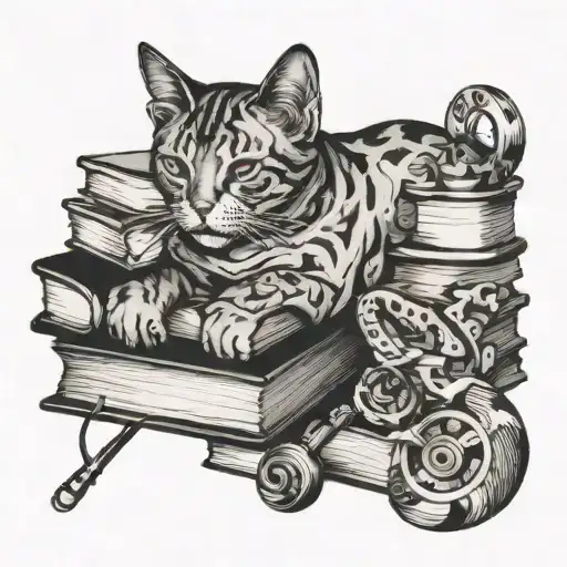 An intricate black and grey tattoo of a cat curled up on a stack of books, with musical instruments scattered around tattoo design idea