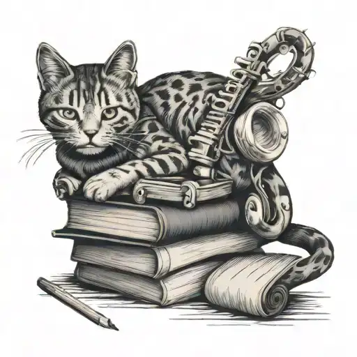 An intricate black and grey tattoo of a cat curled up on a stack of books, with musical instruments scattered around tattoo design idea