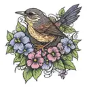 wren bird with violets   tattoo design idea