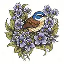 wren bird with violets   tattoo design idea