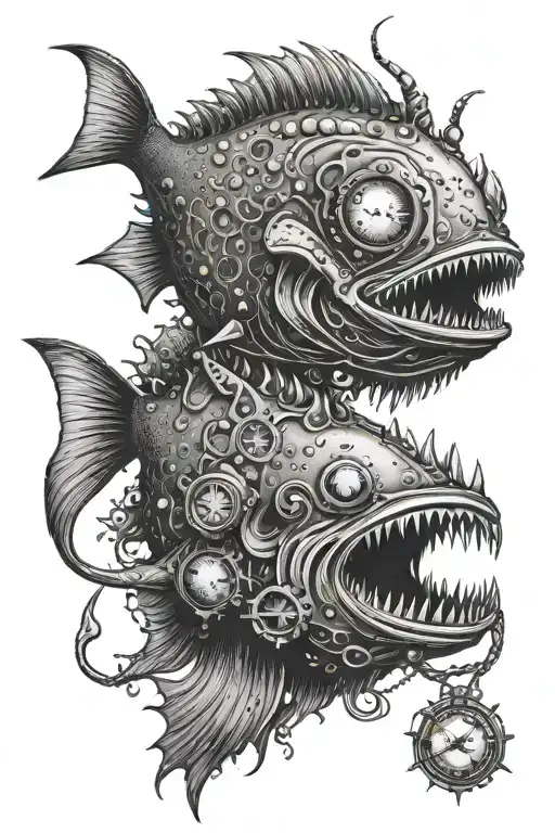 An angler fish inspired tattoo design with elements of horror and science fiction, featuring a mysterious storybook in its mouth tattoo design idea
