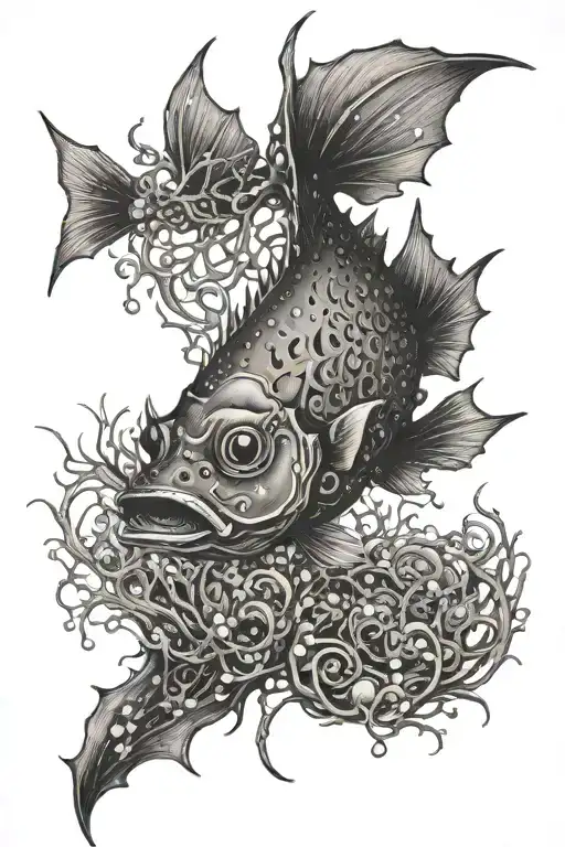 An intricate dotwork tattoo of an angler fish surrounded by glowing bioluminescent plants, representing the teacher's fascination with marine life tattoo design idea