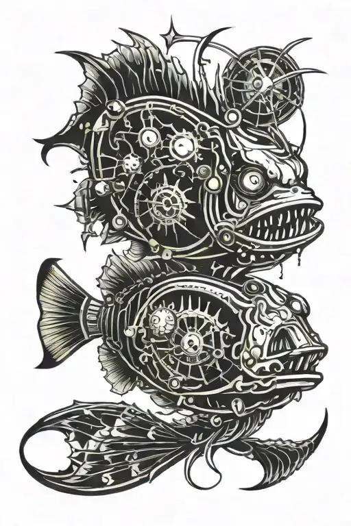 An angler fish inspired tattoo design with elements of horror and science fiction, featuring a mysterious storybook in its mouth tattoo design idea