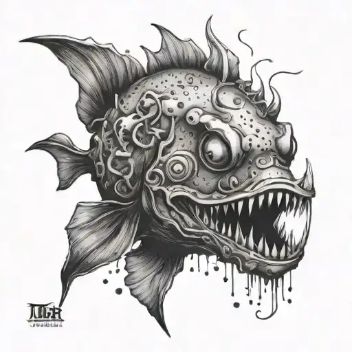 An angler fish inspired tattoo design with elements of horror and science fiction, featuring a mysterious storybook in its mouth tattoo design idea