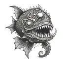 An angler fish inspired tattoo design with elements of horror and science fiction, featuring a mysterious storybook in its mouth tattoo design idea