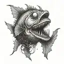 An angler fish inspired tattoo design with elements of horror and science fiction, featuring a mysterious storybook in its mouth tattoo design idea
