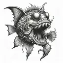 An angler fish inspired tattoo design with elements of horror and science fiction, featuring a mysterious storybook in its mouth tattoo design idea